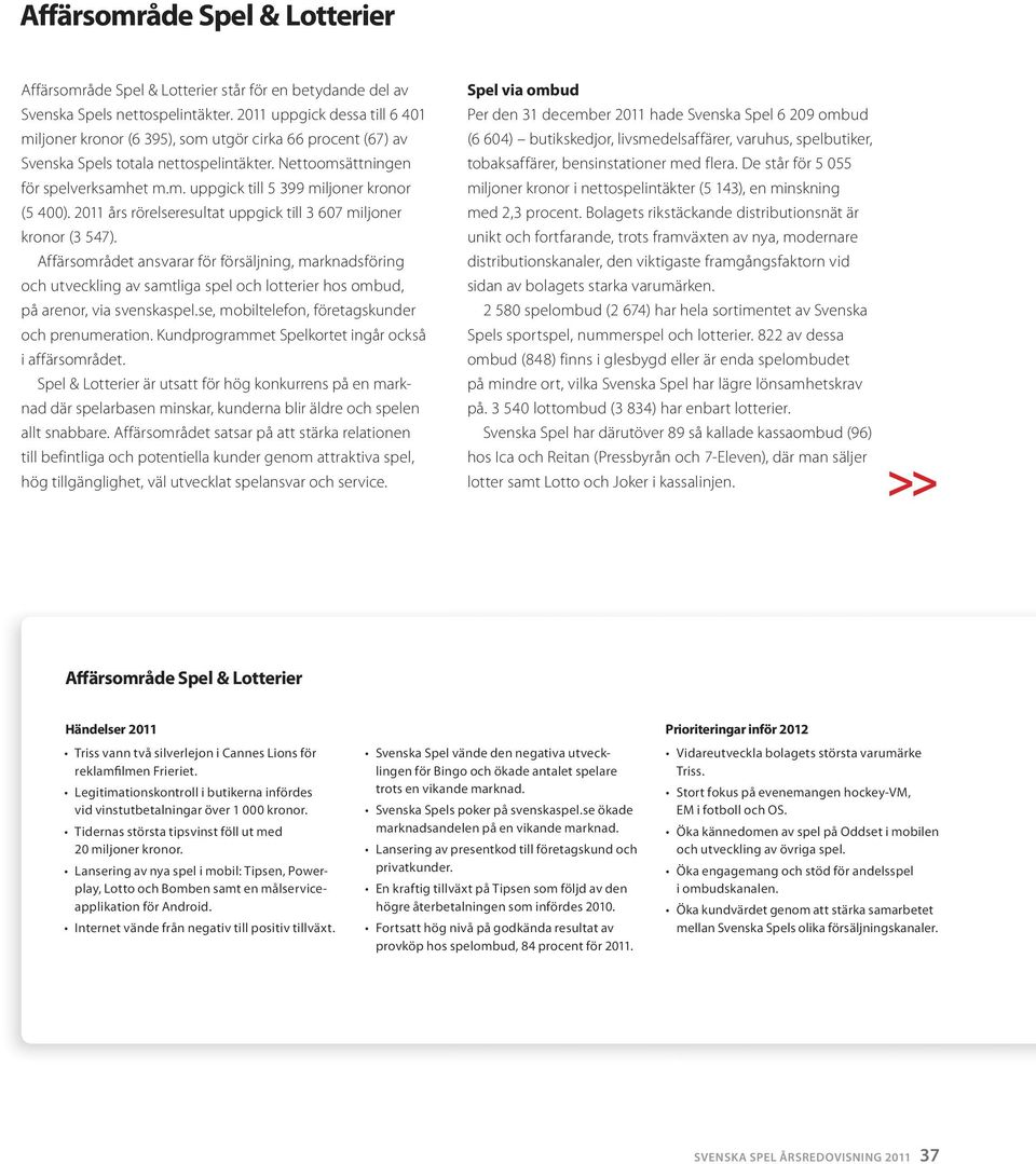 2011 års rörelseresultat uppgick till 3 607 miljoner kronor (3 547).