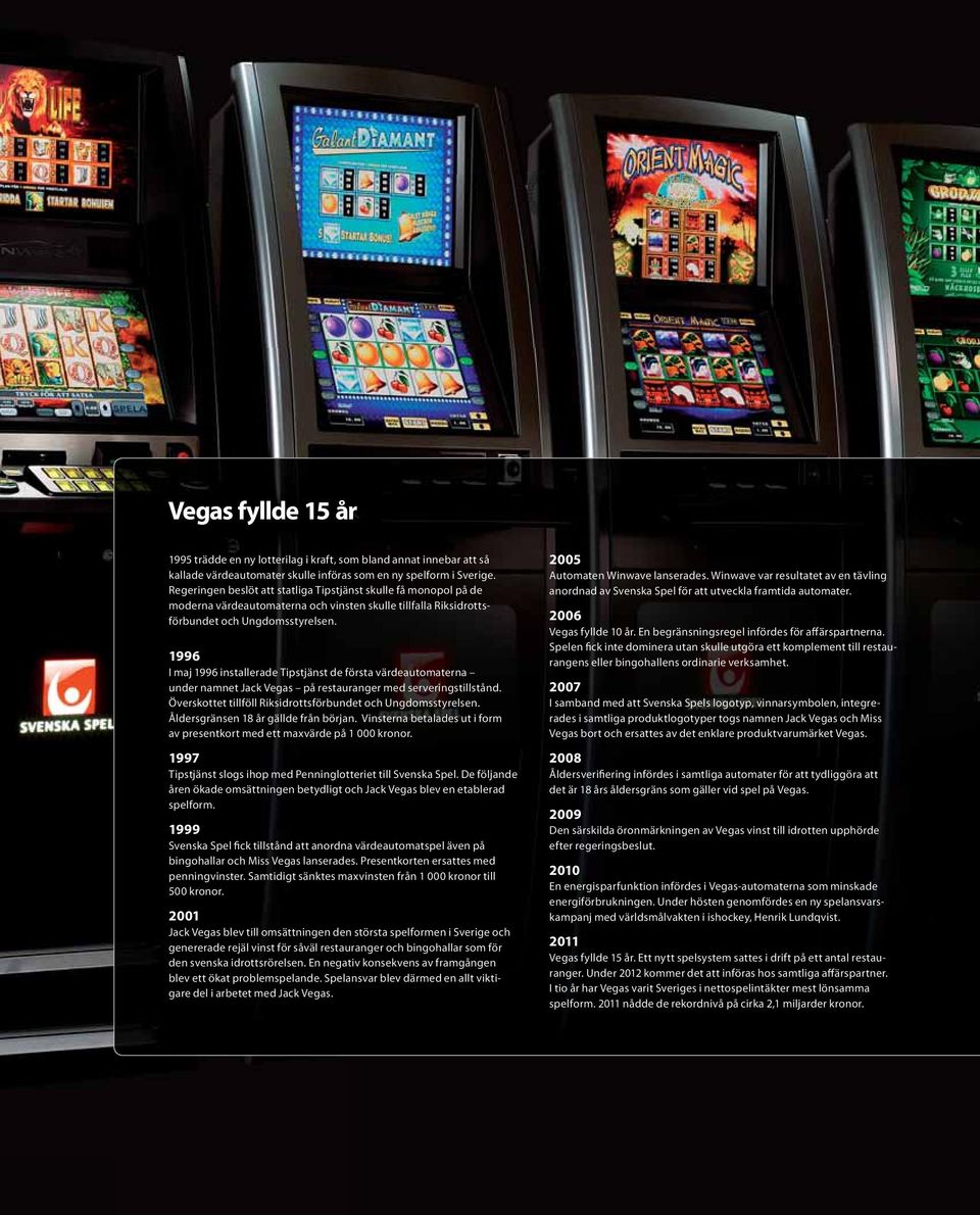 1996 I maj 1996 installerade Tipstjänst de första värdeautomaterna under namnet Jack Vegas på restauranger med serveringstillstånd. Överskottet tillföll Riksidrottsförbundet och Ungdomsstyrelsen.