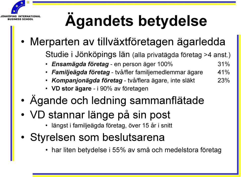 - två/flera ägare, inte släkt 23% VD stor ägare - i 90% av företagen Ägande och ledning sammanflätade VD stannar länge på sin