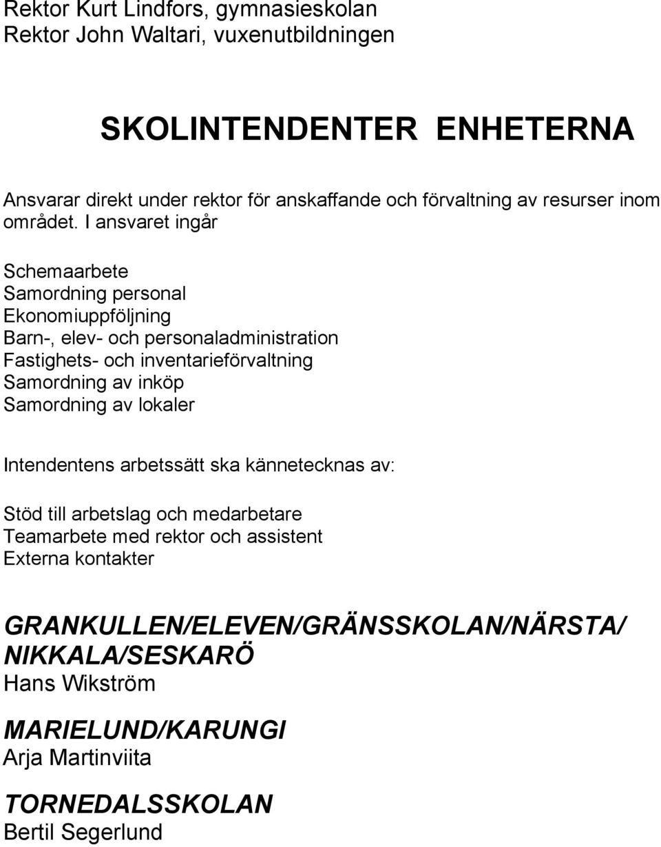 I ansvaret ingår Schemaarbete Samordning personal Ekonomiuppföljning Barn-, elev- och personaladministration Fastighets- och inventarieförvaltning Samordning av