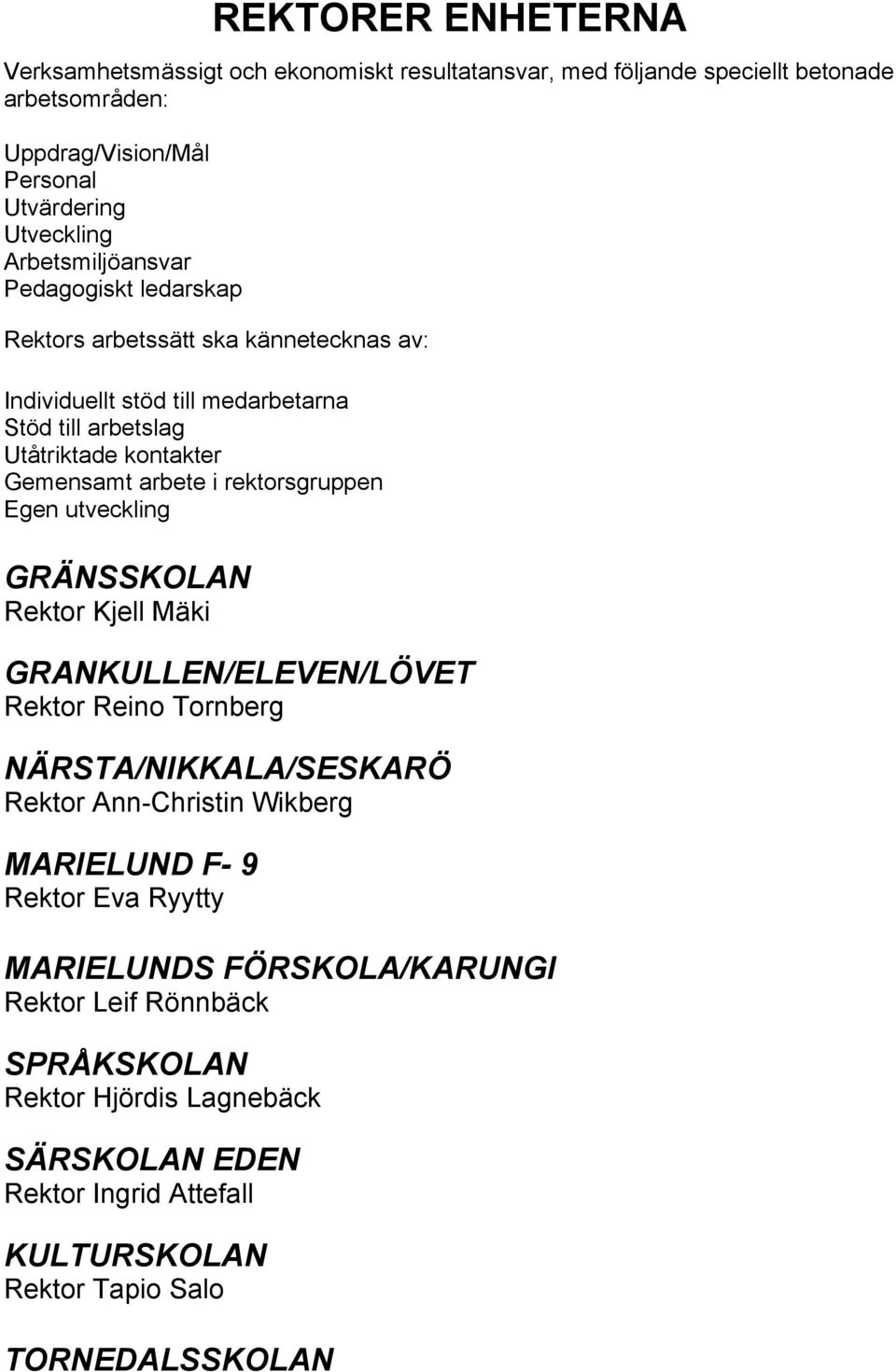 rektorsgruppen Egen utveckling GRÄNSSKOLAN Rektor Kjell Mäki GRANKULLEN/ELEVEN/LÖVET Rektor Reino Tornberg NÄRSTA/NIKKALA/SESKARÖ Rektor Ann-Christin Wikberg MARIELUND F- 9