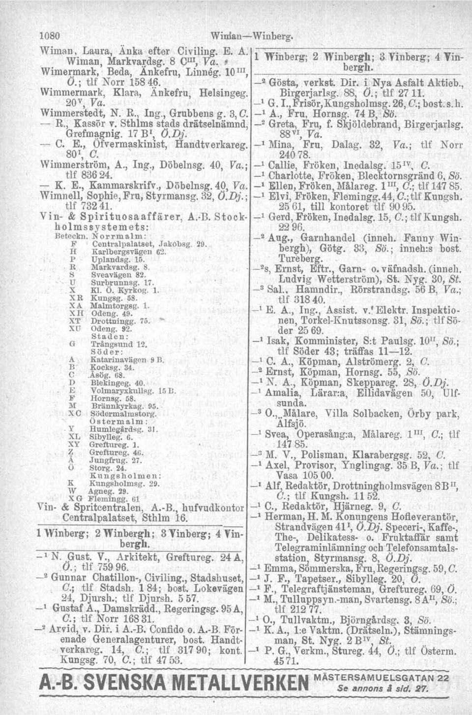 Wimmers'tedt, N. R.,.Ing., Grubbens g.:3, G. _1 A., Fru, Hornsg. 74 Bj"Sö. ~ R., Kassör v; Sthlms stads dråtselnämnd, Grefmagnig. 17 BI, O.Dj;..,.- _2 Greta, Fru, 88v1,' Va. f.