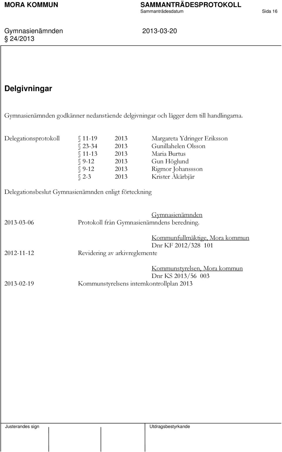 2013 Rigmor Johanssson 2-3 2013 Krister Åkärbjär Delegationsbeslut enligt förteckning 2013-03-06 Protokoll från s beredning.