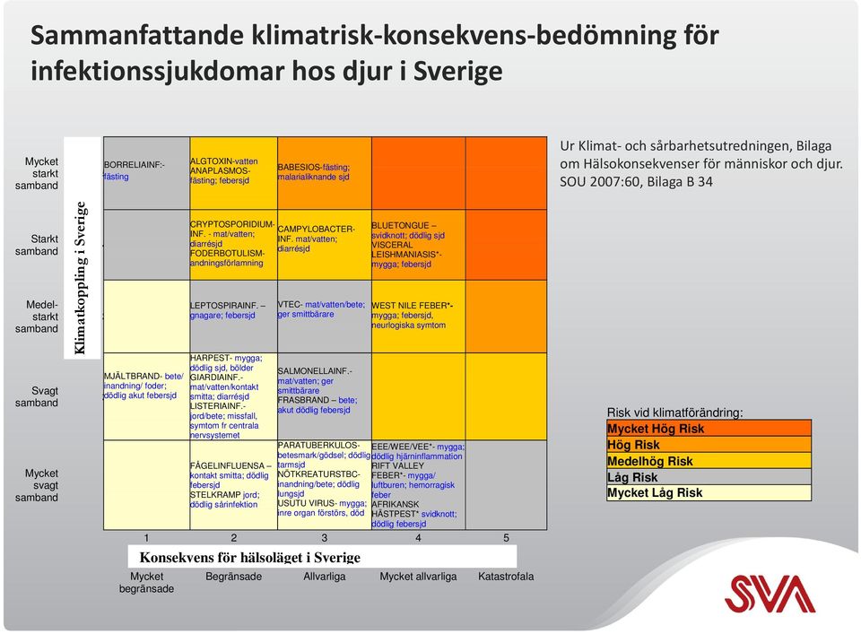 SOU 2007:60, Bilaga B 34 Starkt samband Medelstarkt samband Svagt samband Mycket svagt samband Klimatkoppling i Sverige 4 3 MJÄLTBRAND- bete/ inandning/ foder; 2dödlig akut febersjd 1