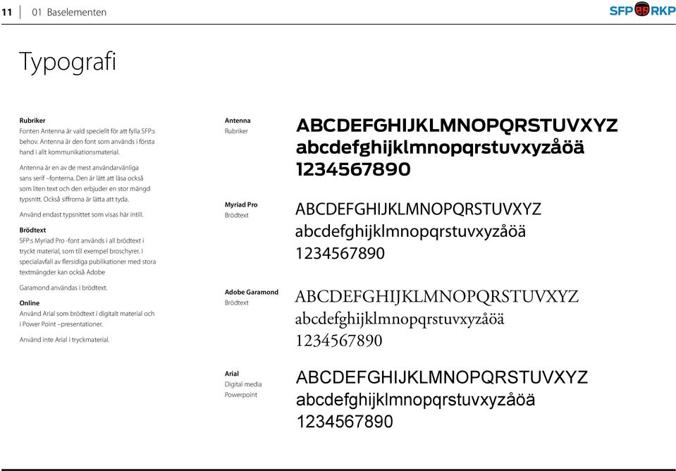 Använd endast typsnittet som visas här intill. Brödtext SFP:s Myriad Pro -font används i all brödtext i tryckt material, som till exempel broschyrer.