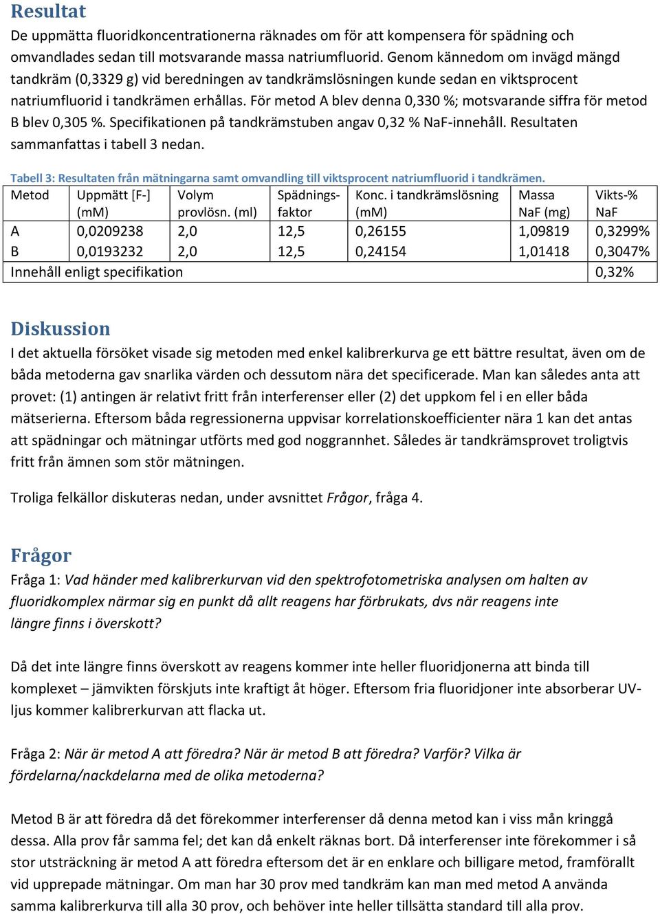 För metod A blev denna 0,330 %; motsvarande siffra för metod B blev 0,305 %. Specifikationen på tandkrämstuben angav 0,32 % NaF-innehåll. Resultaten sammanfattas i tabell 3 nedan.