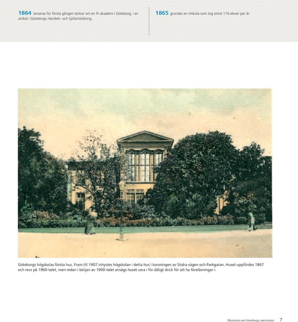 Fram till 1907 inhystes högskolan i detta hus i korsningen av Södra vägen och Parkgatan.