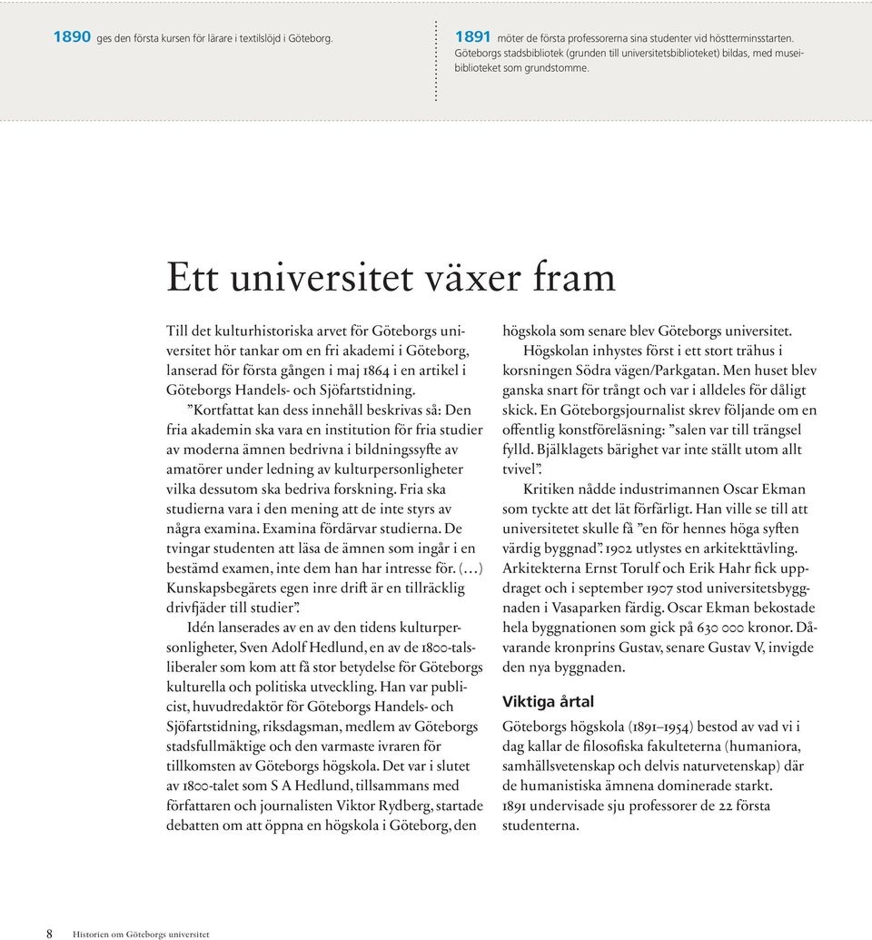 Ett universitet växer fram Till det kulturhistoriska arvet för Göteborgs universitet hör tankar om en fri akademi i Göteborg, lanserad för första gången i maj 1864 i en artikel i Göteborgs Handels-