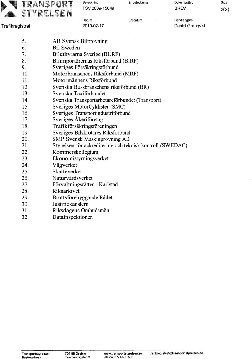 Bussbranschens riksfårbund (BR) Svenska Taxifårbundet Svenska Transportarbetarefårbundet (Transport) Sveriges MotorCyklister (SMC) Sveriges Transportindustrifårbund Sveriges Akerifåretag