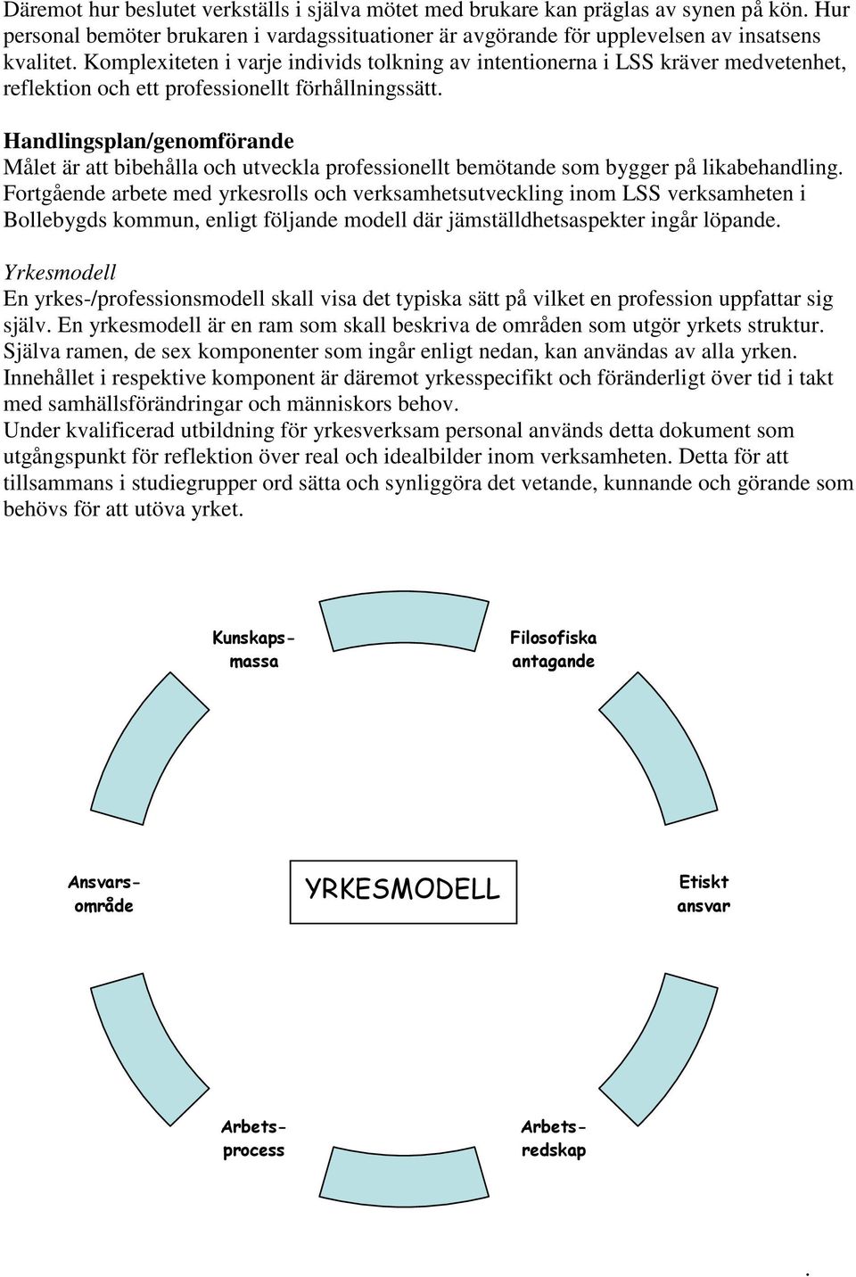 Handlingsplan/genomförande Målet är att bibehålla och utveckla professionellt bemötande som bygger på likabehandling.