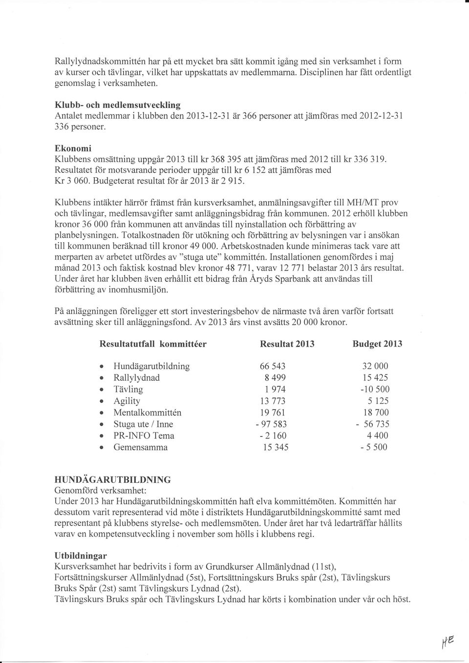 Ekonomi Klubbens omsättning uppgår 2013 till kr 368 395 at jämftlras med 2012 tillkr 336 319. Resultatet ftir motsvarande perioder uppgar till kr 6 I52 att jämföras med Kr 3 060.