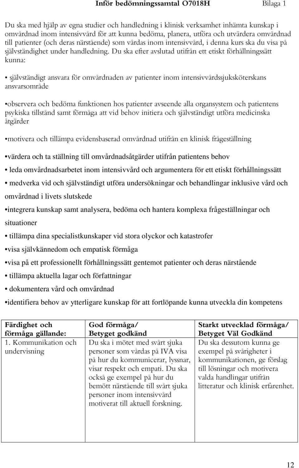 Du ska efter avslutad utifrån ett etiskt förhållningssätt kunna: självständigt ansvara för omvårdnaden av patienter inom intensivvårdssjuksköterskans ansvarsområde observera och bedöma funktionen hos