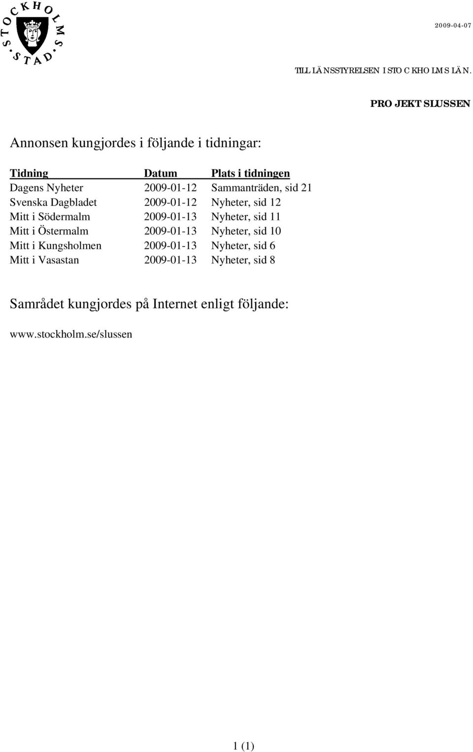Sammanträden, sid 21 Svenska Dagbladet 2009-01-12 Nyheter, sid 12 Mitt i Södermalm 2009-01-13 Nyheter, sid 11 Mitt i