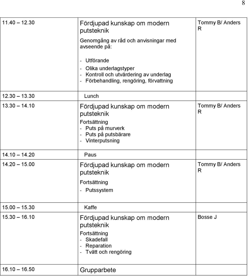 och utvärdering av underlag - Förbehandling, rengöring, förvattning 12.30 13.30 Lunch 13.30 14.