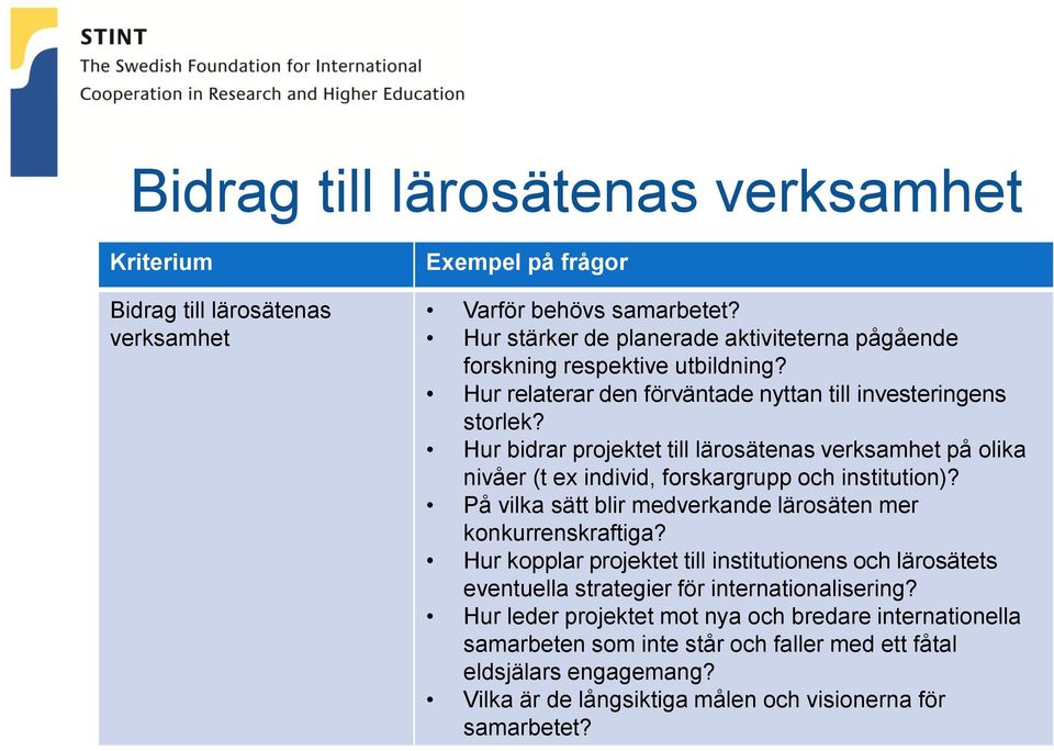 Hur bidrar projektet till lärosätenas verksamhet på olika nivåer (t ex individ, forskargrupp och institution)? På vilka sätt blir medverkande lärosäten mer konkurrenskraftiga?