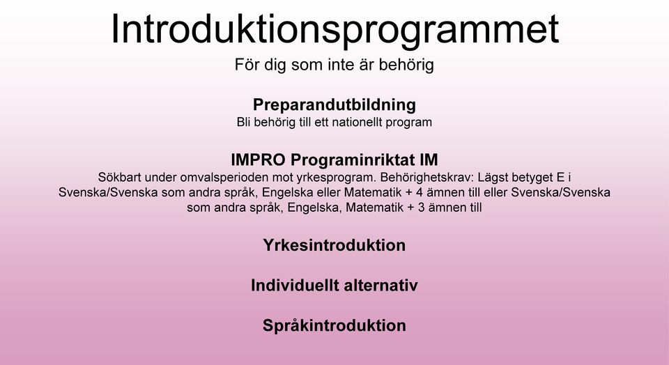 Behörighetskrav: Lägst betyget E i Svenska/Svenska som andra språk, Engelska eller Matematik + 4 ämnen