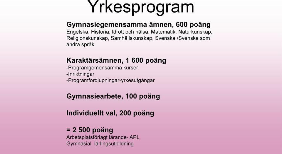 600 poäng -Programgemensamma kurser -Inriktningar -Programfördjupningar-yrkesutgångar Gymnasiearbete,