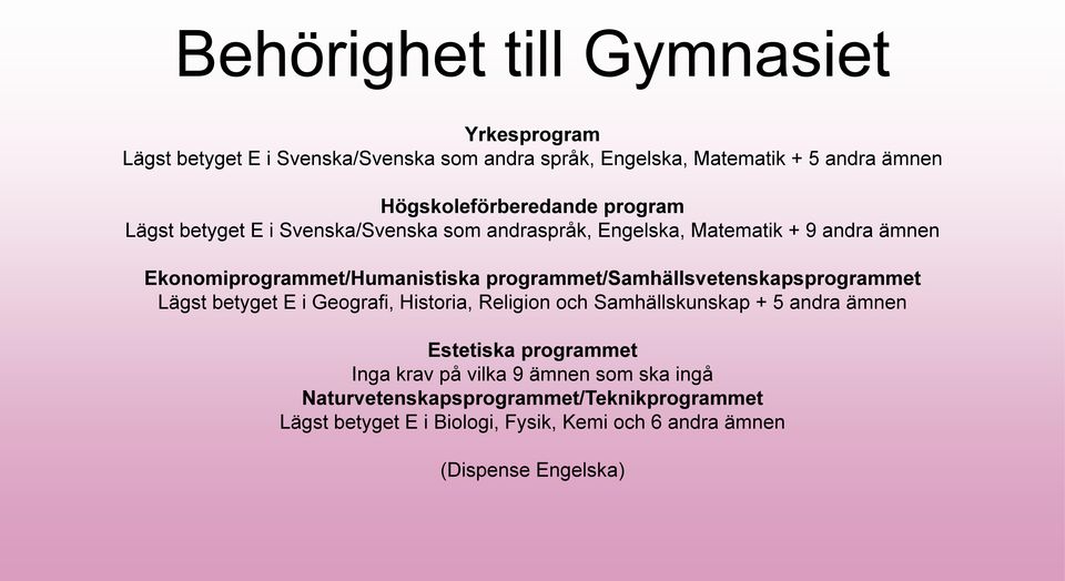 Ekonomiprogrammet/Humanistiska programmet/samhällsvetenskapsprogrammet Lägst betyget E i Geografi, Historia, Religion och Samhällskunskap + 5