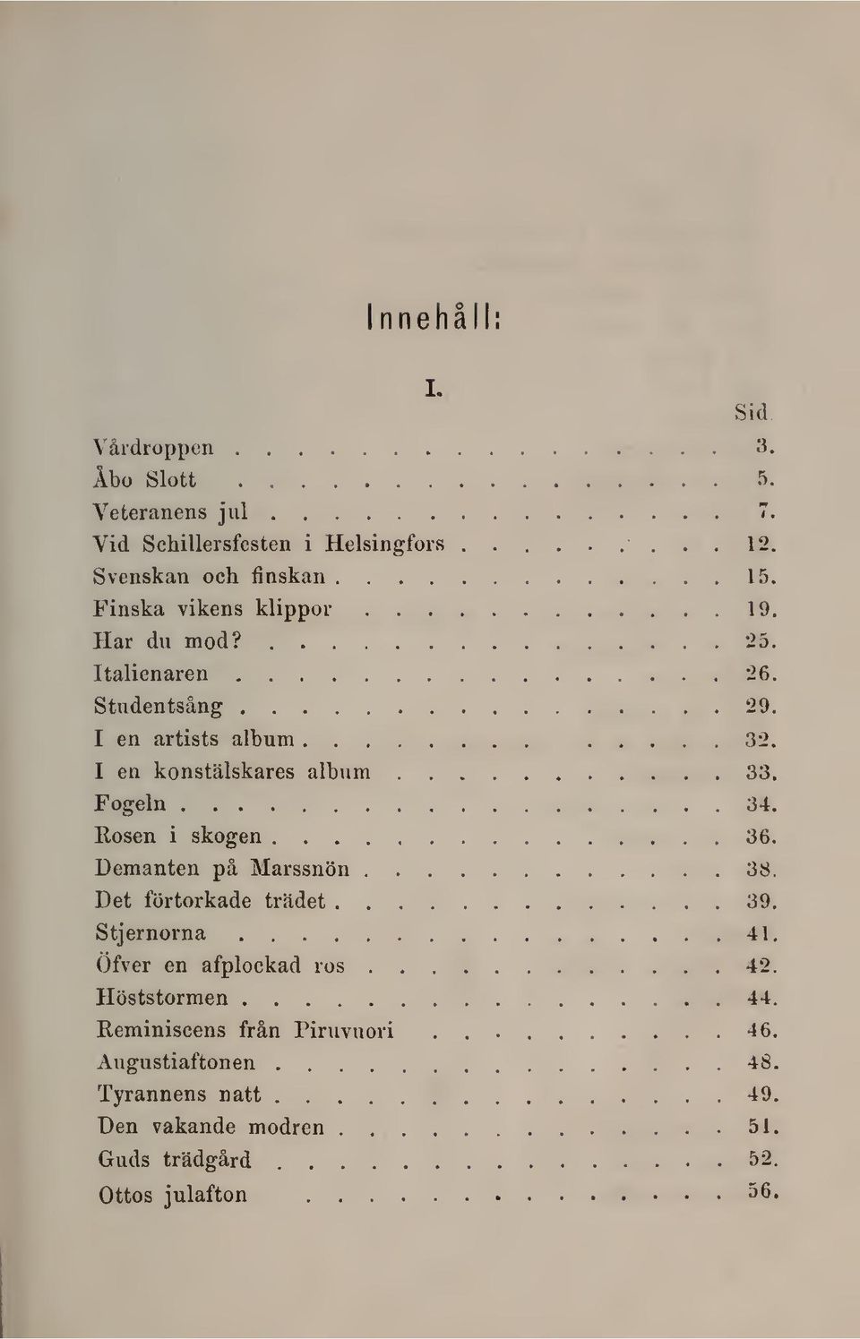 Fogeln 34. llosen i skogen 36. Demanten på Marssnön 38. Det förtorkade trädet 39. Stjernorna 41. Öfver en afplockad ros 42.