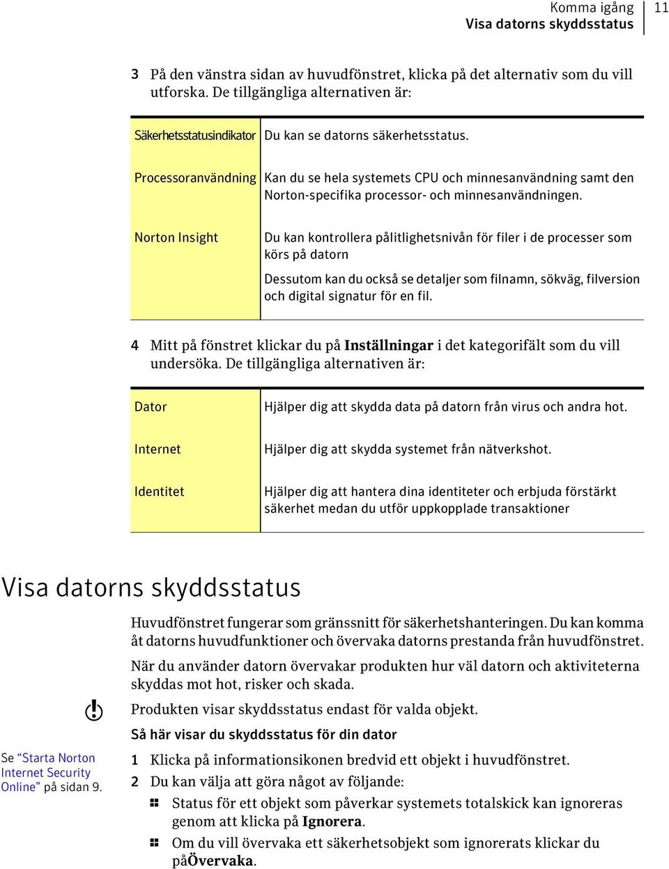 Processoranvändning Kan du se hela systemets CPU och minnesanvändning samt den Norton-specifika processor- och minnesanvändningen.