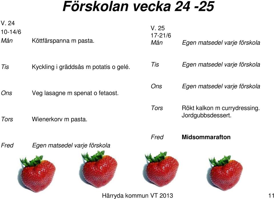 25 17-21/6 Egen matsedel varje förskola Kyckling i gräddsås m potatis o gelé.