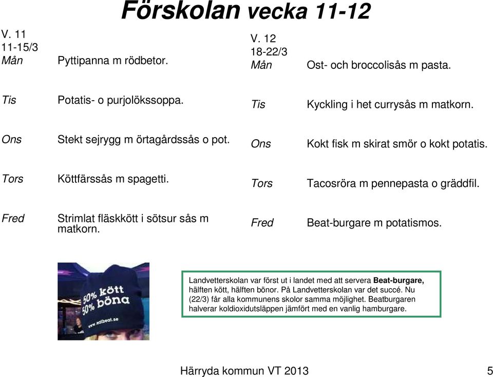 Strimlat fläskkött i sötsur sås m Beat-burgare m potatismos. Landvetterskolan var först ut i landet med att servera Beat-burgare, hälften kött, hälften bönor.