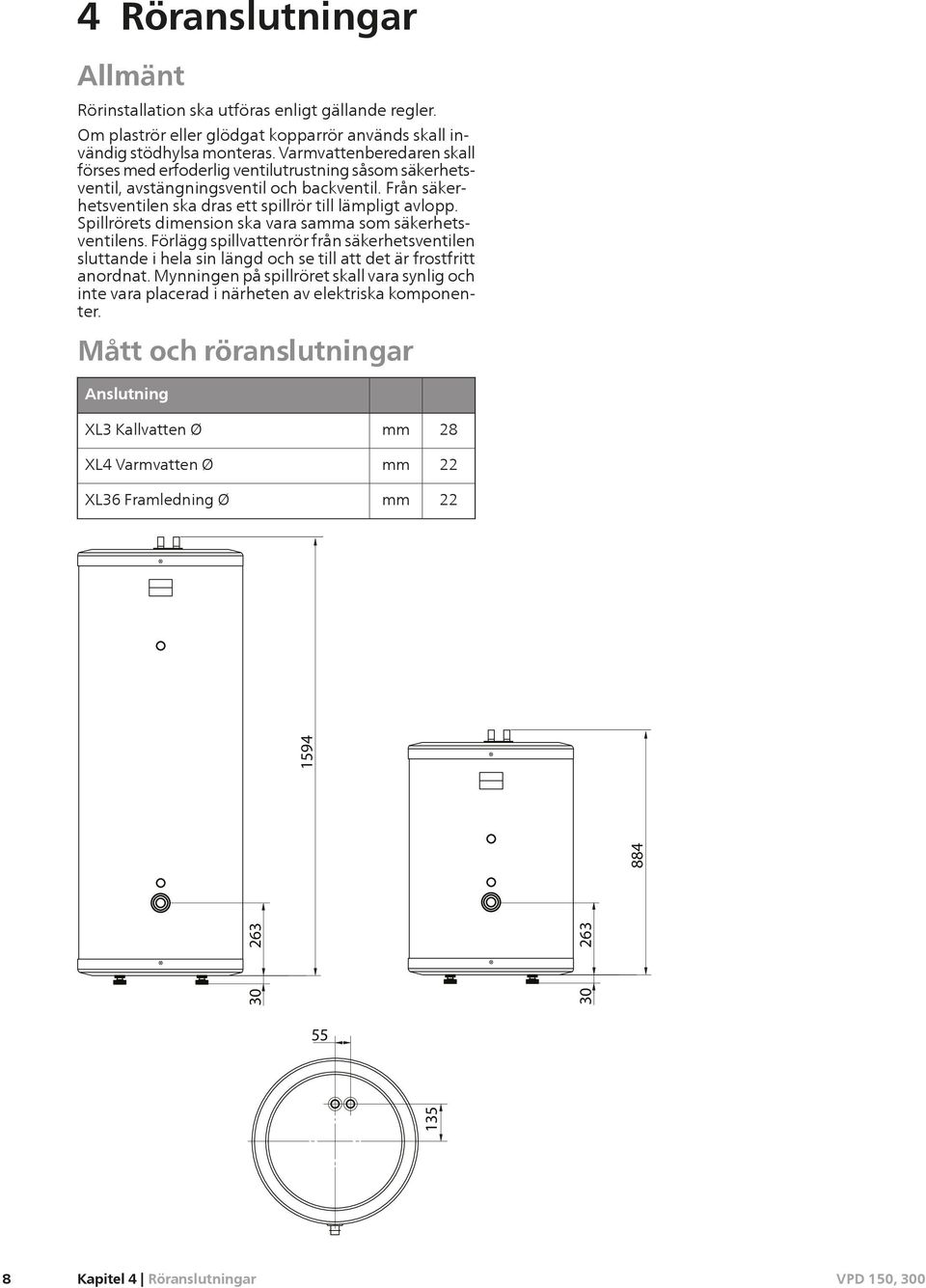 Spillrörets dimension ska vara samma som säkerhetsventilens. Förlägg spillvattenrör från säkerhetsventilen sluttande i hela sin längd och se till att det är frostfritt anordnat.