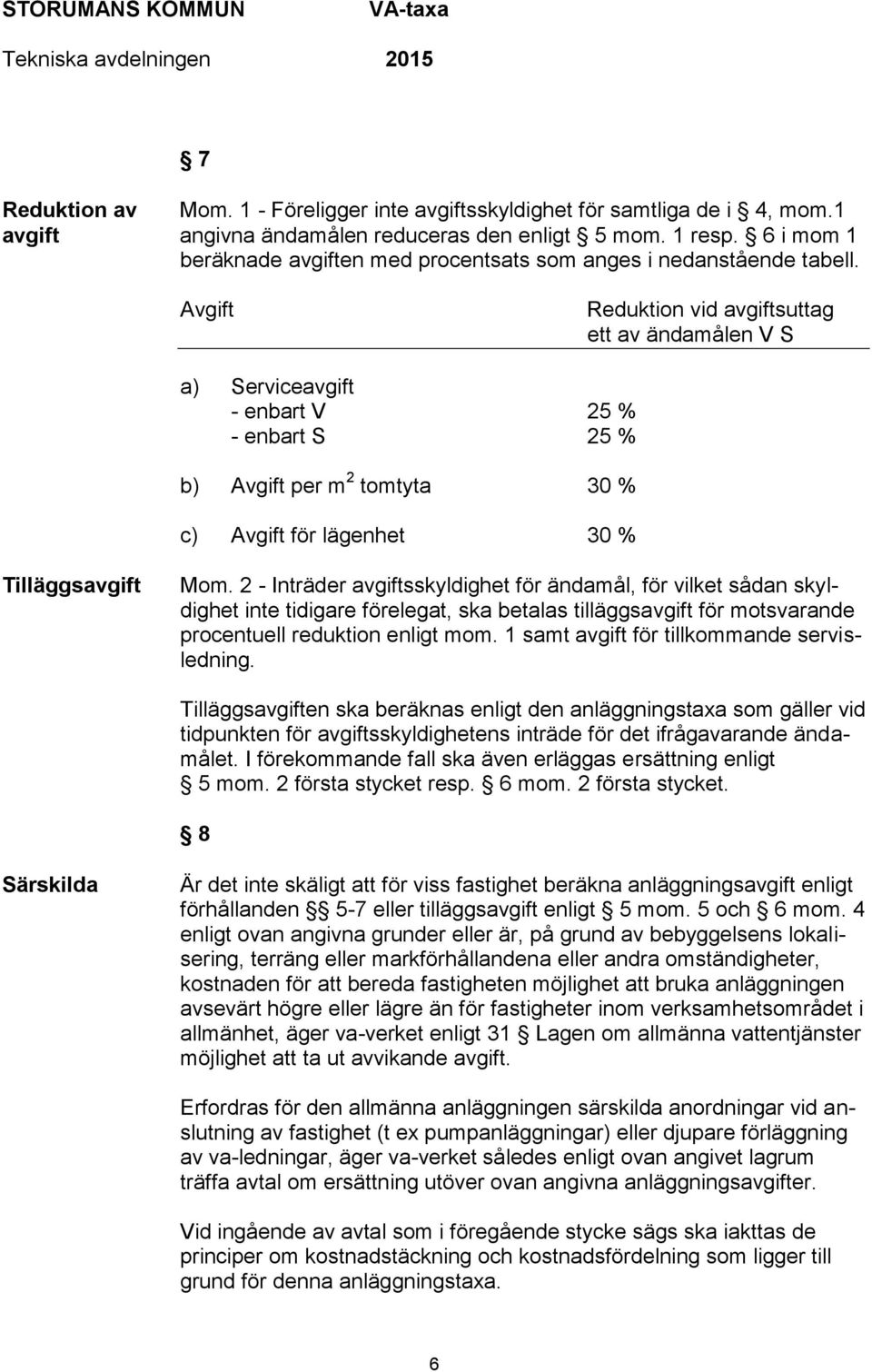 Avgift Reduktion vid avgiftsuttag ett av ändamålen V S a) Serviceavgift - enbart V 25 % - enbart S 25 % b) Avgift per m 2 tomtyta 30 % c) Avgift för lägenhet 30 % Tilläggsavgift Mom.