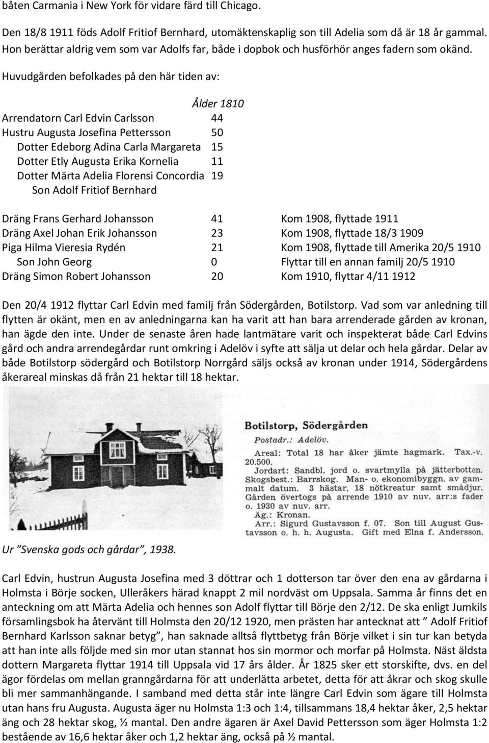 Huvudgården befolkades på den här tiden av: Ålder 1810 Arrendatorn Carl Edvin Carlsson 44 Hustru Augusta Josefina Pettersson 50 Dotter Edeborg Adina Carla Margareta 15 Dotter Etly Augusta Erika