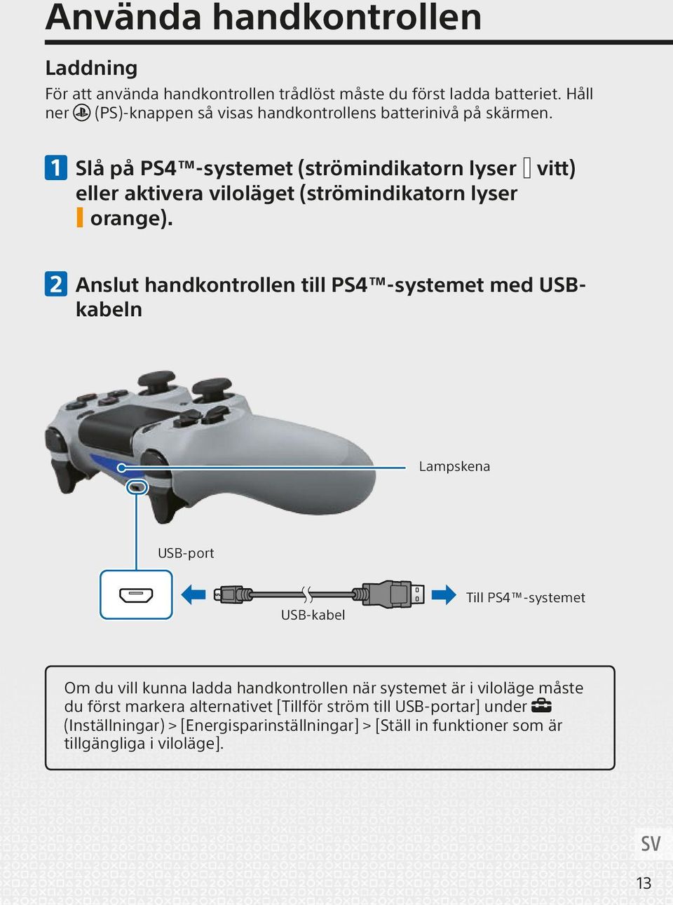 Slå på PS4 -systemet (strömindikatorn lyser vitt) eller aktivera viloläget (strömindikatorn lyser orange).