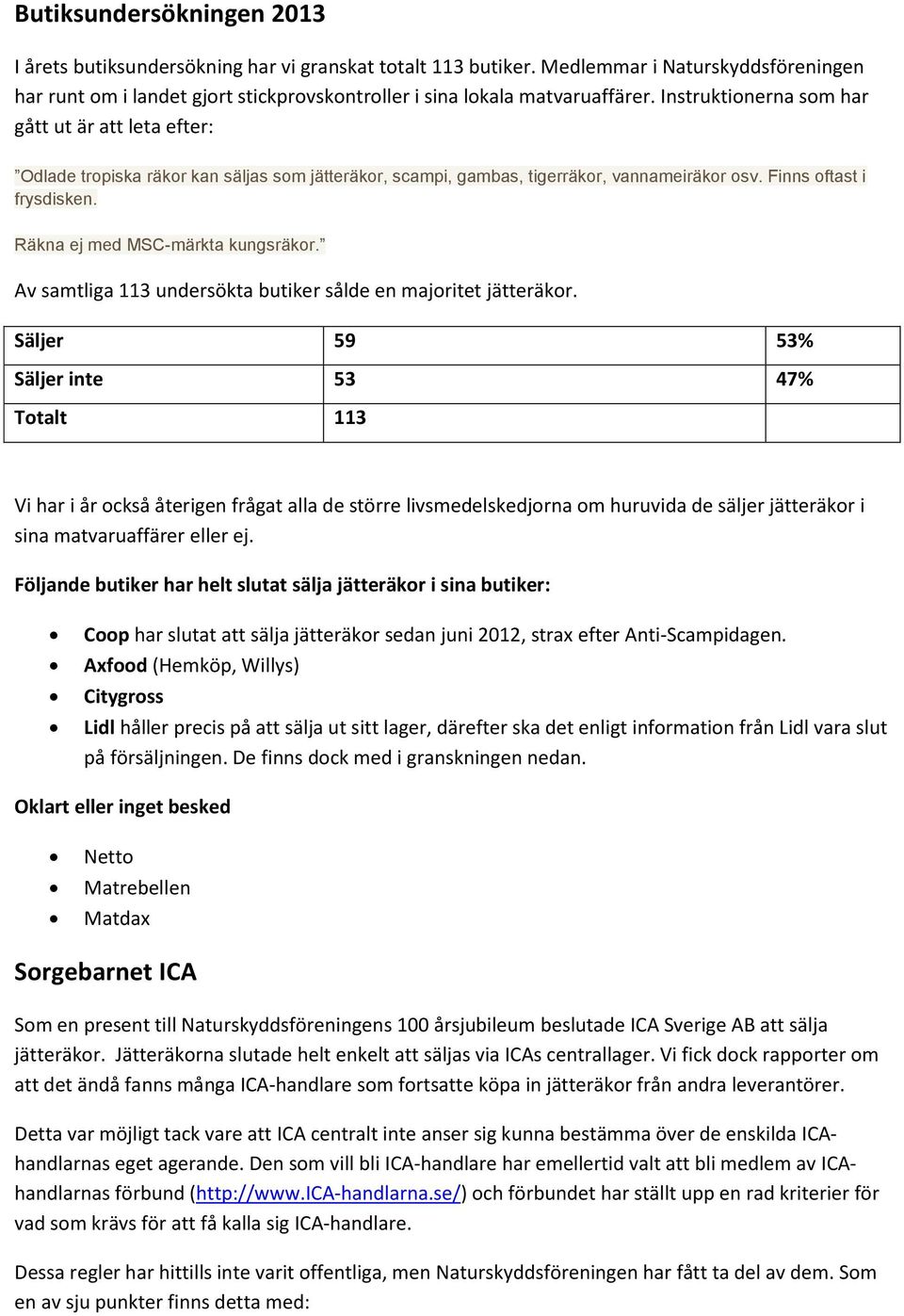 Räkna ej med MSC-märkta kungsräkor. Av samtliga 113 undersökta butiker sålde en majoritet jätteräkor.