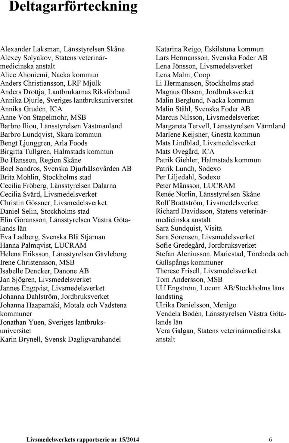 Ljunggren, Arla Foods Birgitta Tullgren, Halmstads kommun Bo Hansson, Region Skåne Boel Sandros, Svenska Djurhälsovården AB Brita Mohlin, Stockholms stad Cecilia Fröberg, Länsstyrelsen Dalarna