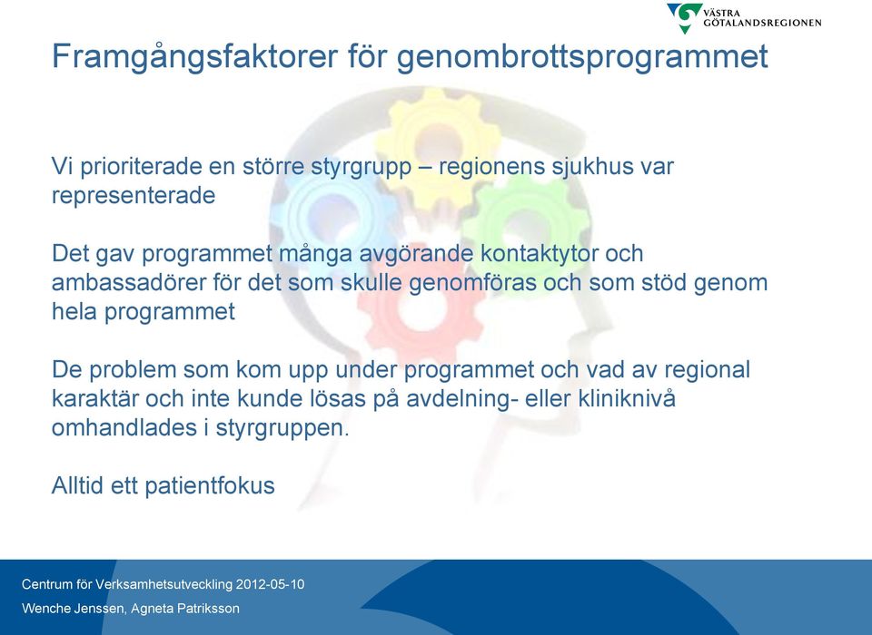 genomföras och som stöd genom hela programmet De problem som kom upp under programmet och vad av