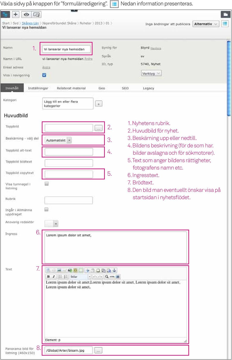 bilder avslagna och för sökmotorer). 5. Text som anger bildens rättigheter, fotografens namn etc. 6.