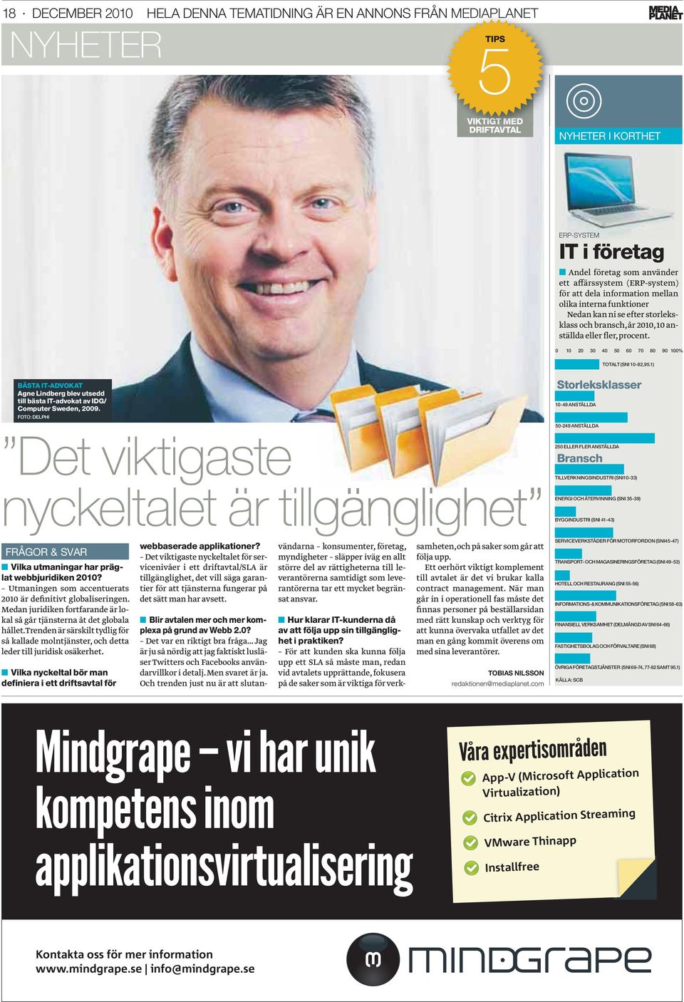 0 10 20 30 40 50 60 70 80 90 100% TOTALT (SNI 10-82,95.1) BÄSTA IT-ADVOKAT Agne Lindberg blev utsedd till bästa IT-advokat av IDG/ Computer Sweden, 2009.