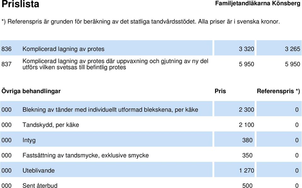 Blekning av tänder med individuellt utformad blekskena, per käke 2 300 0 000 Tandskydd, per käke 2 100 0 000