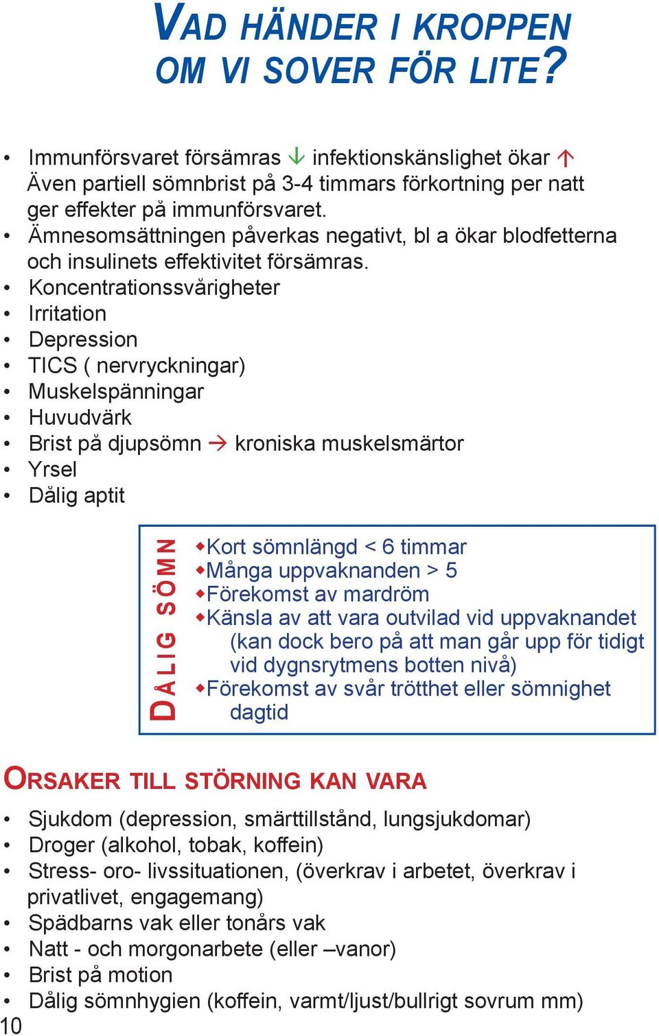 Koncentrationssvårigheter Irritation Depression TICS ( nervryckningar) Muskelspänningar Huvudvärk Brist på djupsömn kroniska muskelsmärtor Yrsel Dålig aptit D Å L I G SÖMN Kort sömnlängd < 6 timmar