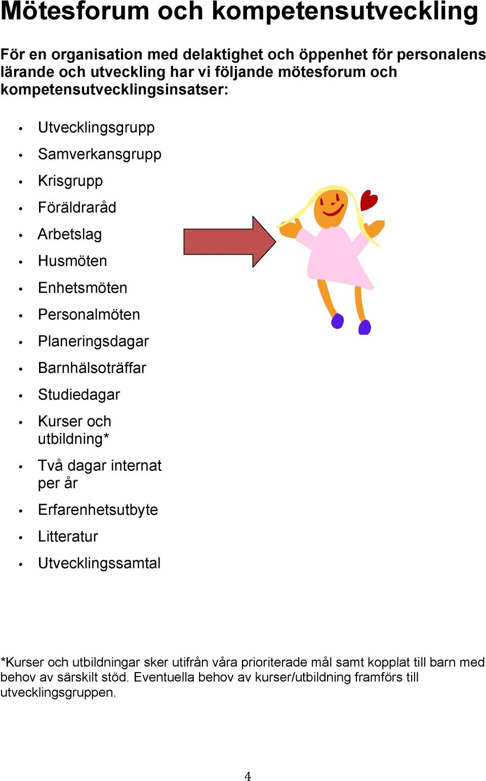Barnhälsoträffar Studiedagar Kurser och utbildning* Två dagar internat per år Erfarenhetsutbyte Litteratur Utvecklingssamtal *Kurser och utbildningar