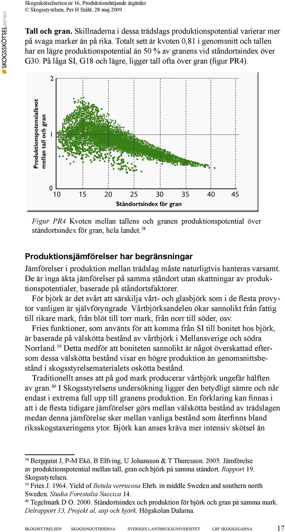 2 Produktionspotensialkvot mellan tall och gran 1 0 10 15 20 25 30 35 40 45 Ståndortsindex för gran Figur PR4 Kvoten mellan tallens och granen produktionspotential över ståndortsindex för gran, hela