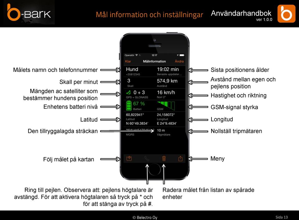 styrka Longitud Nollställ tripmätaren Följ målet på kartan Meny Ring till pejlen. Observera att: pejlens högtalare är avstängd.