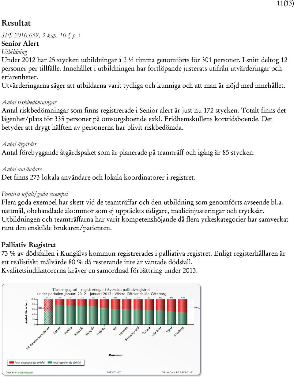 Antal riskbedömningar Antal riskbedömningar som finns registrerade i Senior alert är just nu 172 stycken. Totalt finns det lägenhet/plats för 335 personer på omsorgsboende exkl.
