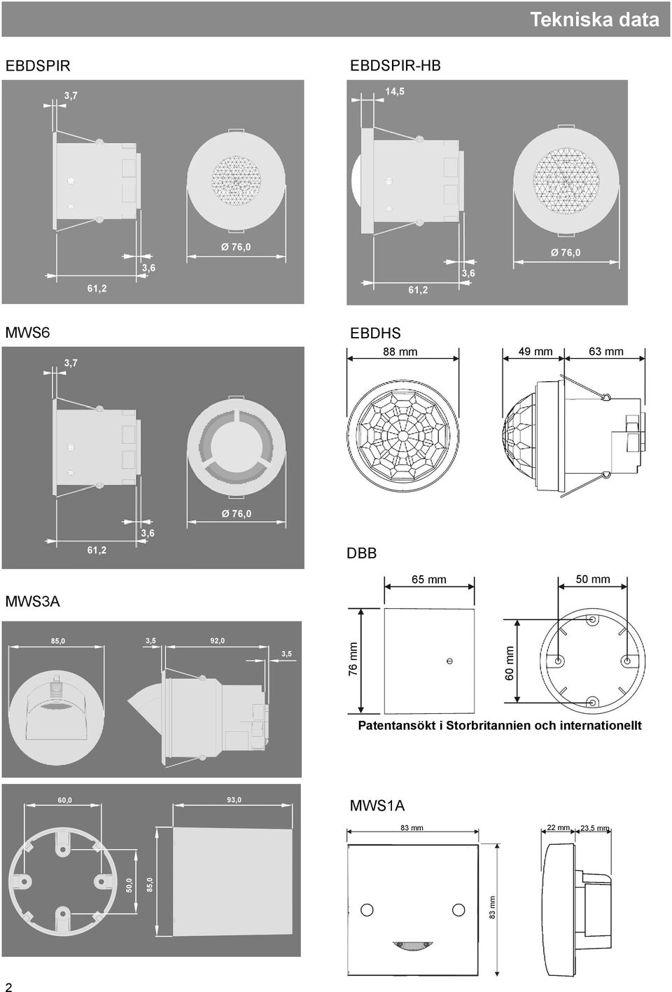 76,0 61,2 3,6 DBB 65 mm 50 mm MWS3A 85,0 3,5 92,0 3,5 Patentansökt i