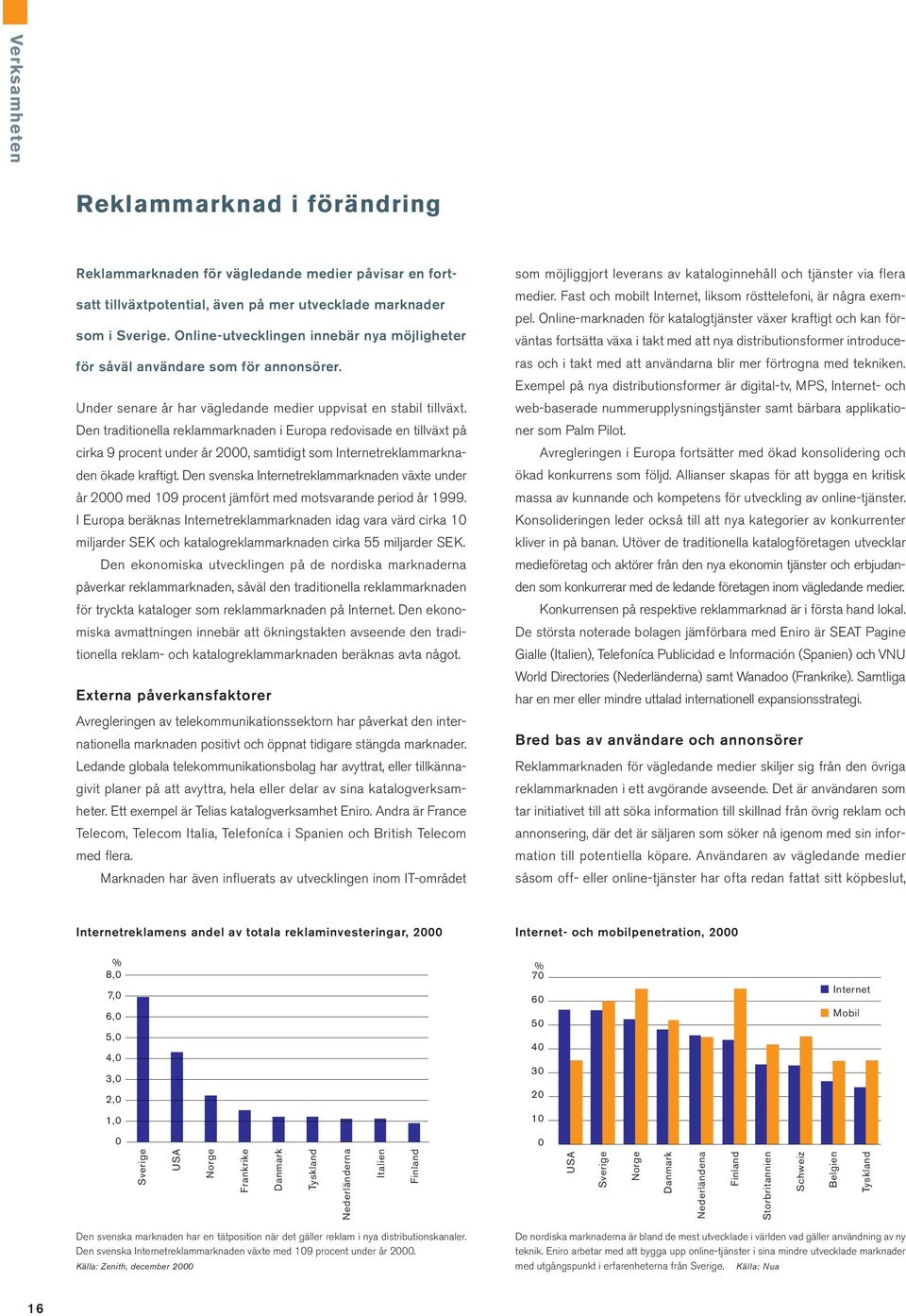 Den traditionella reklammarknaden i Europa redovisade en tillväxt på cirka 9 procent under år 2000, samtidigt som Internetreklammarknaden ökade kraftigt.