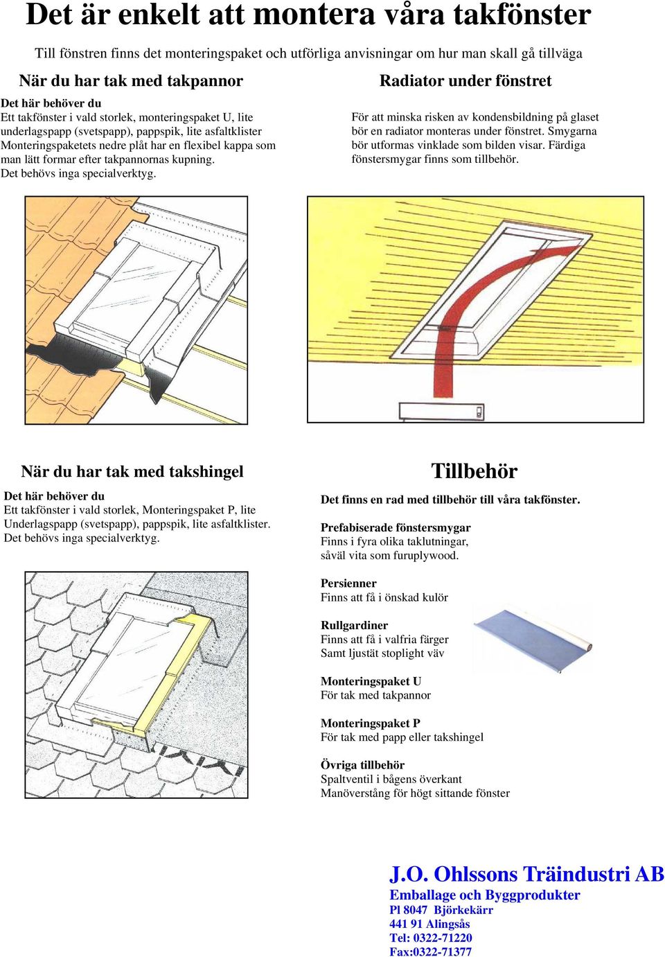 Det behövs inga specialverktyg. Radiator under fönstret För att minska risken av kondensbildning på glaset bör en radiator monteras under fönstret. Smygarna bör utformas vinklade som bilden visar.