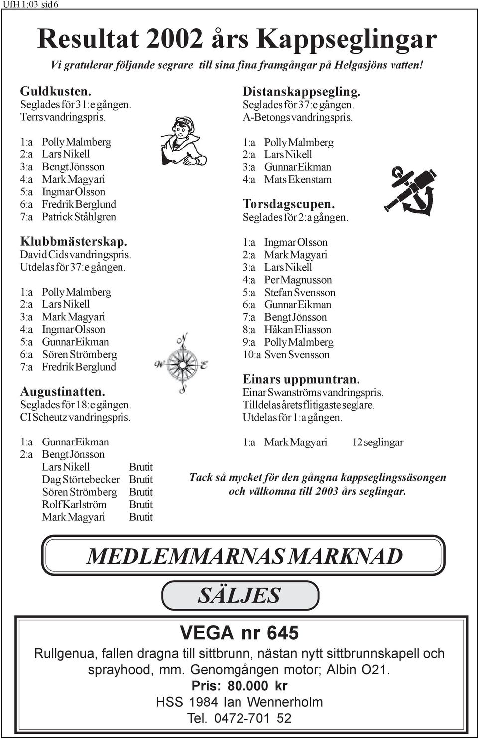1:a Polly Malmberg 2:a Lars Nikell 3:a Mark Magyari 4:a Ingmar Olsson 5:a Gunnar Eikman 6:a Sören Strömberg 7:a Fredrik Berglund Augustinatten. Seglades för 18:e gången. CI Scheutz vandringspris.