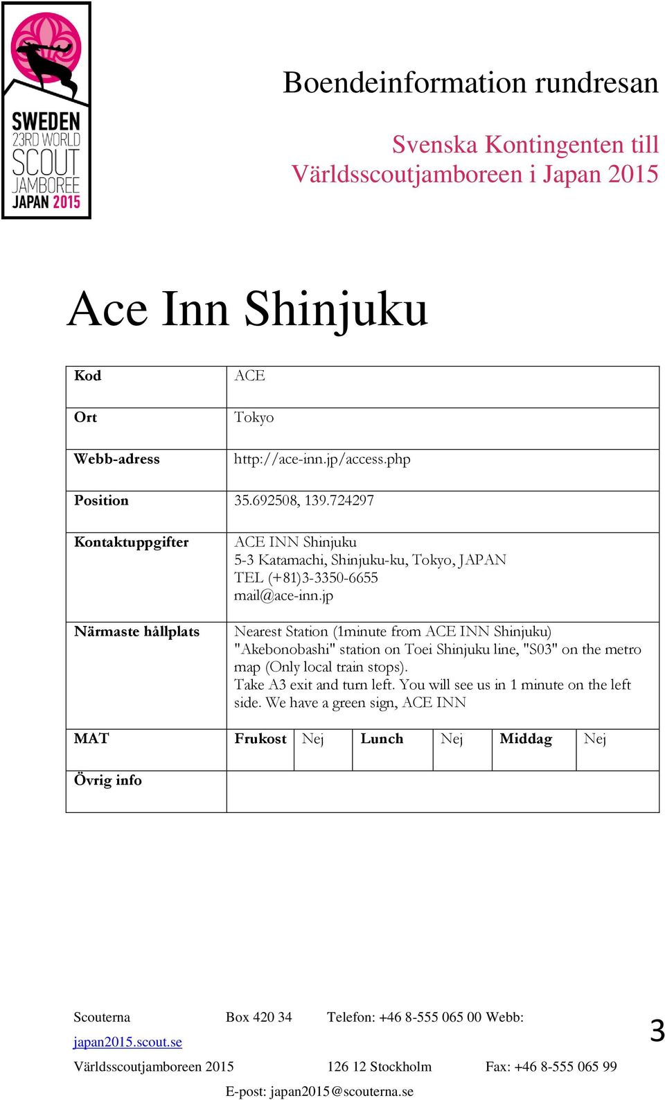 jp Nearest Station (1minute from ACE INN Shinjuku) "Akebonobashi" station on Toei Shinjuku line, "S03" on the metro