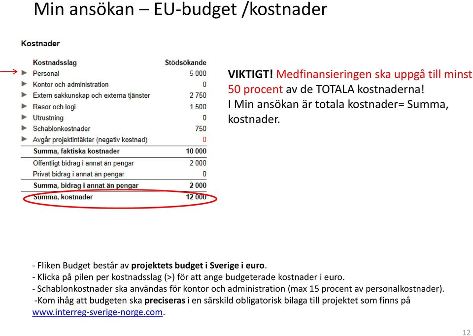 - Klicka på pilen per kostnadsslag (>) för att ange budgeterade kostnader i euro.