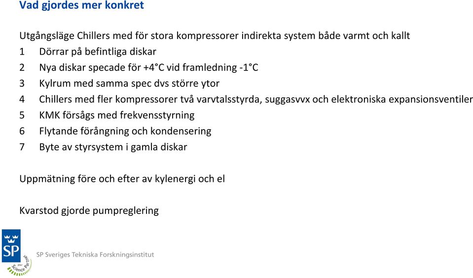 kompressorer två varvtalsstyrda, suggasvvx och elektroniska expansionsventiler 5 KMK försågs med frekvensstyrning 6 Flytande