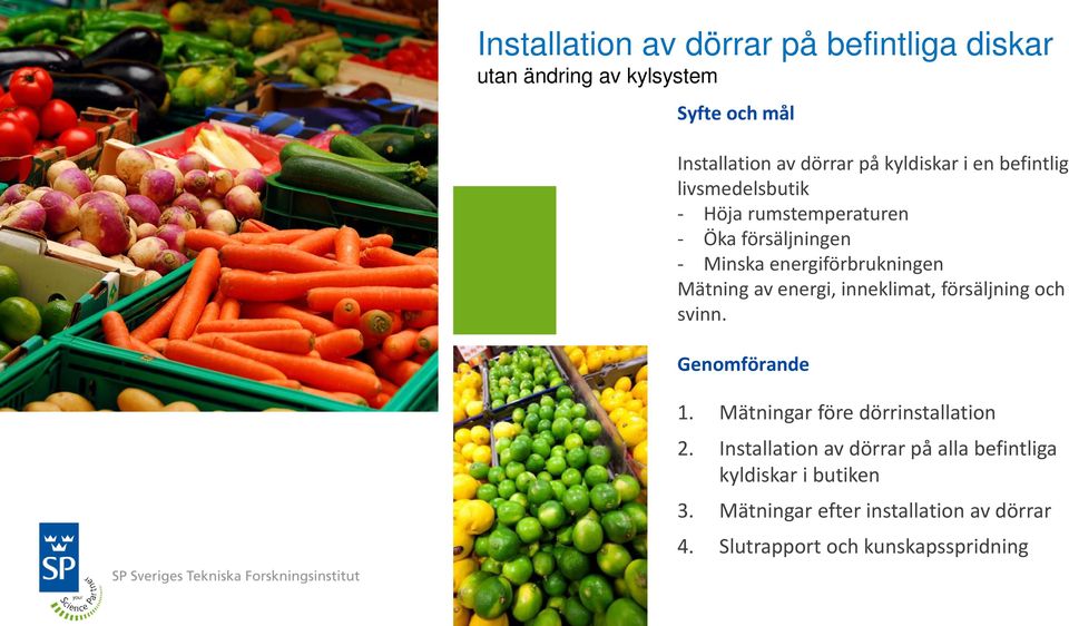 Mätning av energi, inneklimat, försäljning och svinn. Genomförande 1. Mätningar före dörrinstallation 2.