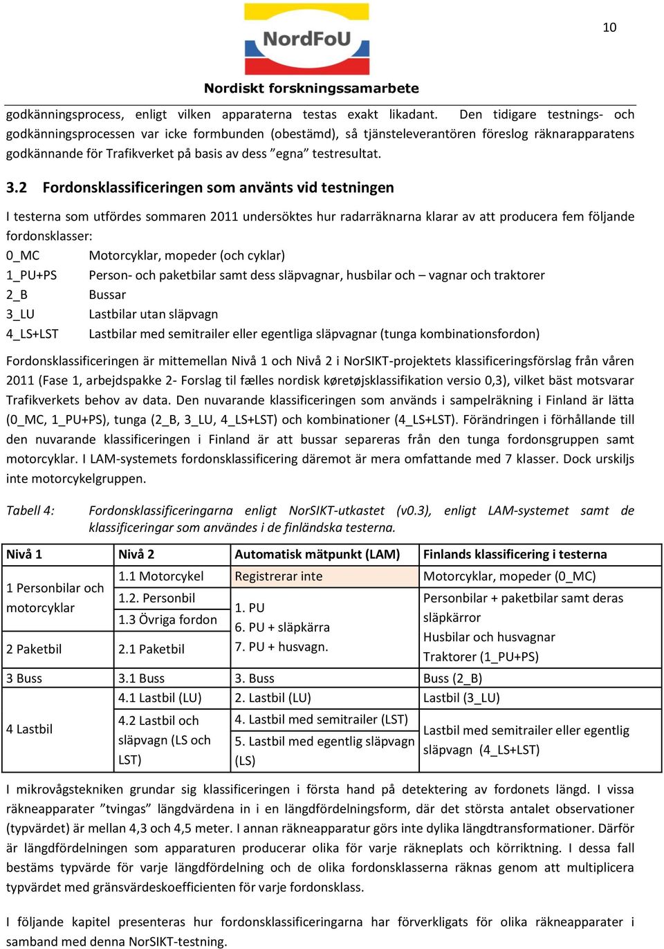 2 Fordonsklassificeringen som använts vid testningen I testerna som utfördes sommaren 2011 undersöktes hur radarräknarna klarar av att producera fem följande fordonsklasser: 0_MC Motorcyklar, mopeder